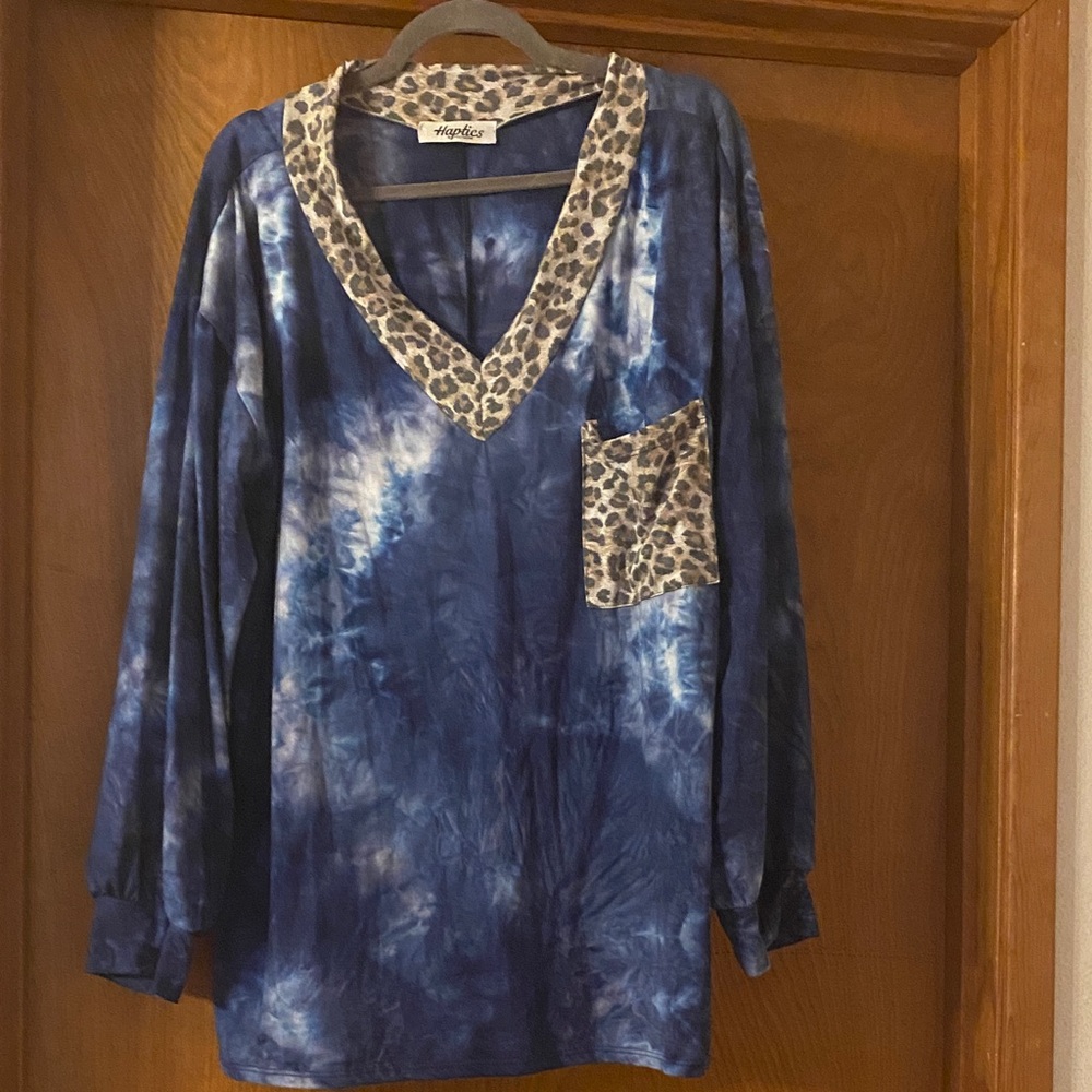 Hyfve Blue Tie-Dye Long Sleeve V-Neck Top with Leopard Trim
